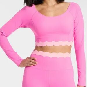 JoyLab  Hot Pink Scallop-Trim Long Sleeve Crop Top